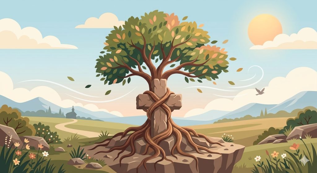 Die Kraft des Glaubens - ein tief verwurzelter Baum umschlingt einen kreuzförmigen Felsen und trotzt einem sanften Wind